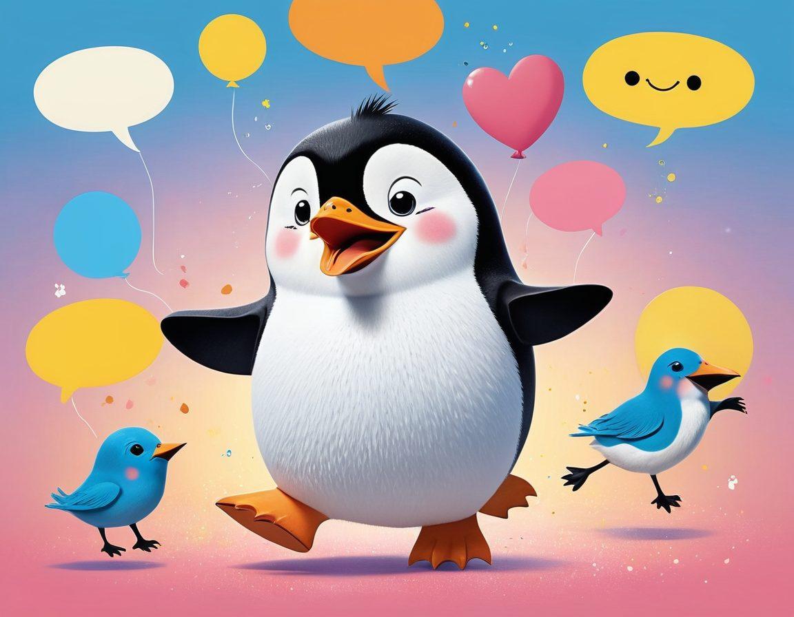 A whimsical collage featuring a variety of funny characters like a dancing penguin, a laughing baby, and a playful puppy, all bursting with happiness. Incorporate vibrant colors and exaggerated expressions to evoke a sense of joy and laughter. Include cartoon-style speech bubbles with funny quotes. The background should be colorful and lively, enhancing the playful theme. cartoon art, vibrant colors.