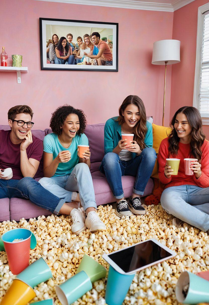 A whimsical scene depicting a diverse group of people laughing heartily while watching funny videos on various devices like smartphones, tablets, and laptops. Vibrant popcorn and colorful soda cups are scattered around, creating a lively atmosphere. In the background, a playful film reel unspools with animated characters bursting into laughter. The setting is cozy and inviting, resembling a living room filled with bright decor. pastel colors. cartoonish style.