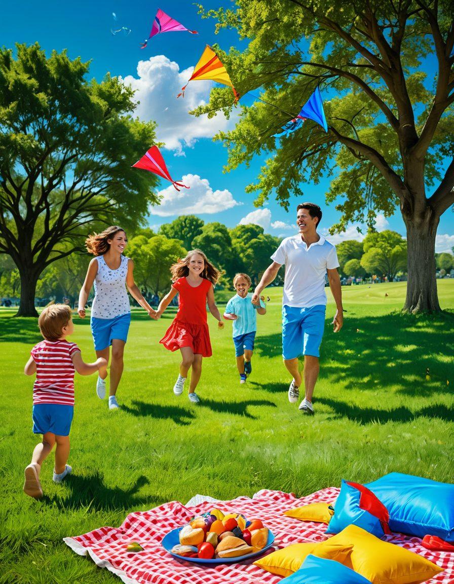 A joyous family gathered in a bright, sunlit park, sharing playful moments with laughter and smiles, children running and playing with colorful kites, a picnic spread on the grass, and a blue sky filled with fluffy clouds. Capture the essence of happiness and togetherness. super-realistic. vibrant colors. cheerful atmosphere.